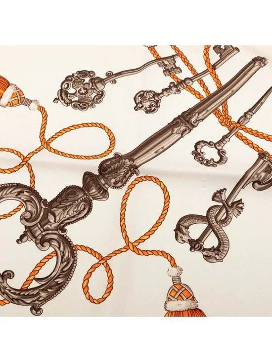 Hermes Carre 90 les Cles Key Scarf White Orange Silk - Picture 4 of 7